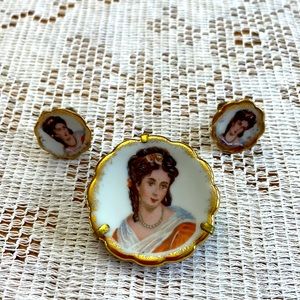 Limoges brooch and screw back earrings
